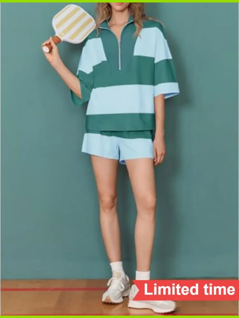 Women's 2 Piece Athletic Set - Striped Zip Up Sweatshirt & High Waist Shorts,